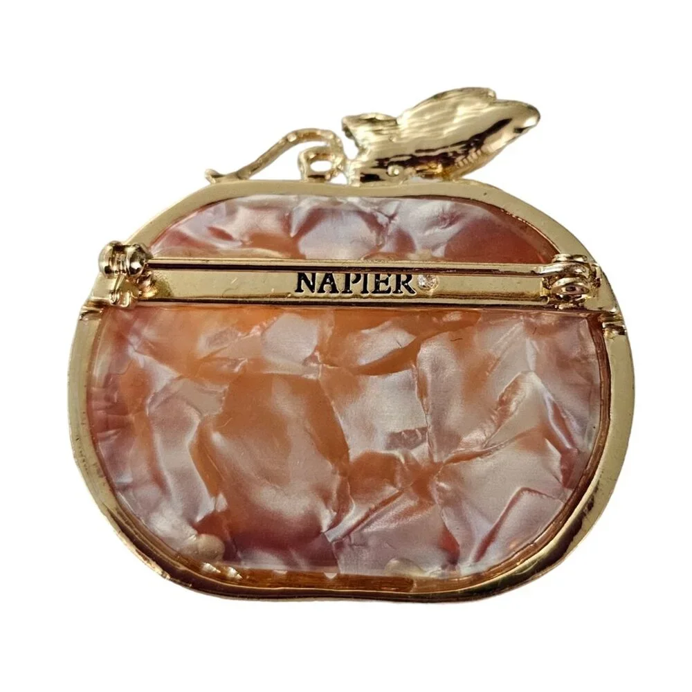 Napier Gold-Tone Caged Orange Resin Pumpkin Rhinestone Leaf Brooch Signed, L98 - Picture 6 of 8